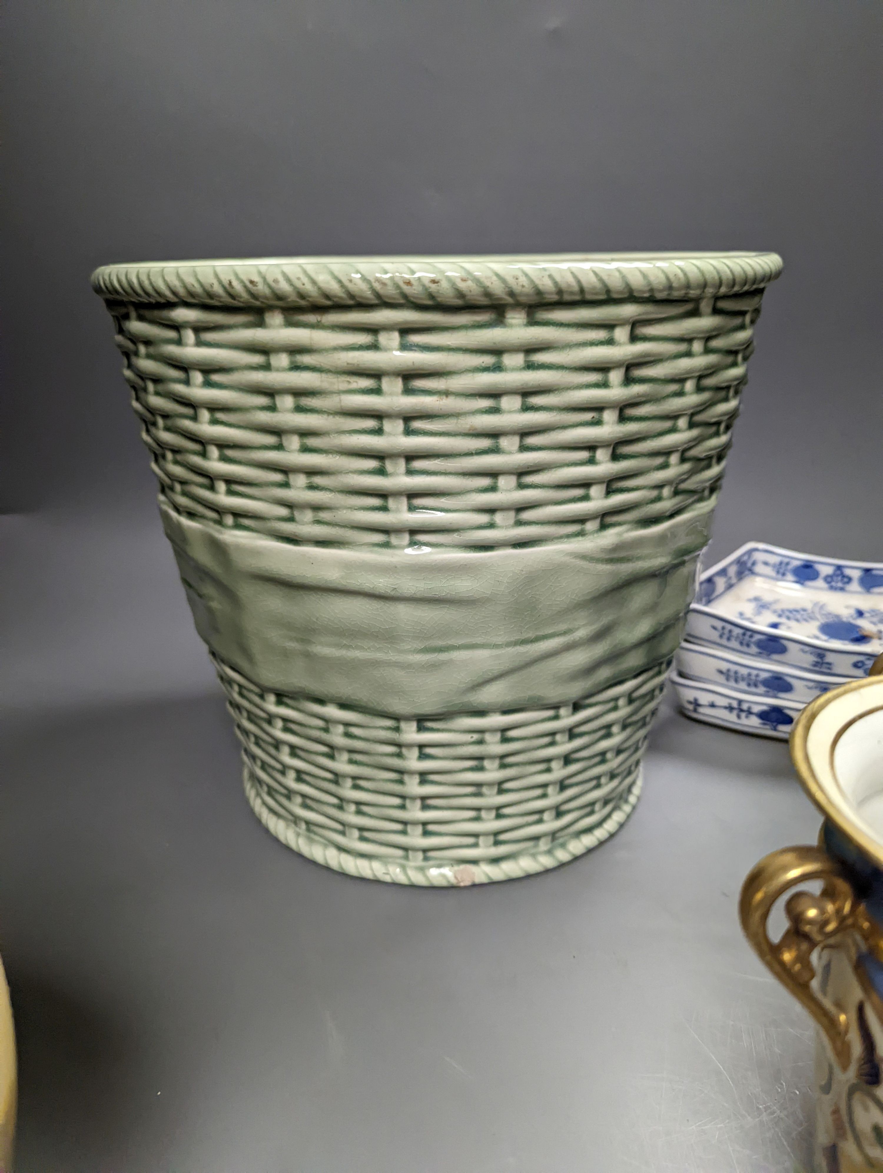 A collection of mixed porcelain including A pair of Bloor Derby scent bottles and stoppers, a Samson style bowl, 31cm, a Wedgwood teapot, Noritake vases etc